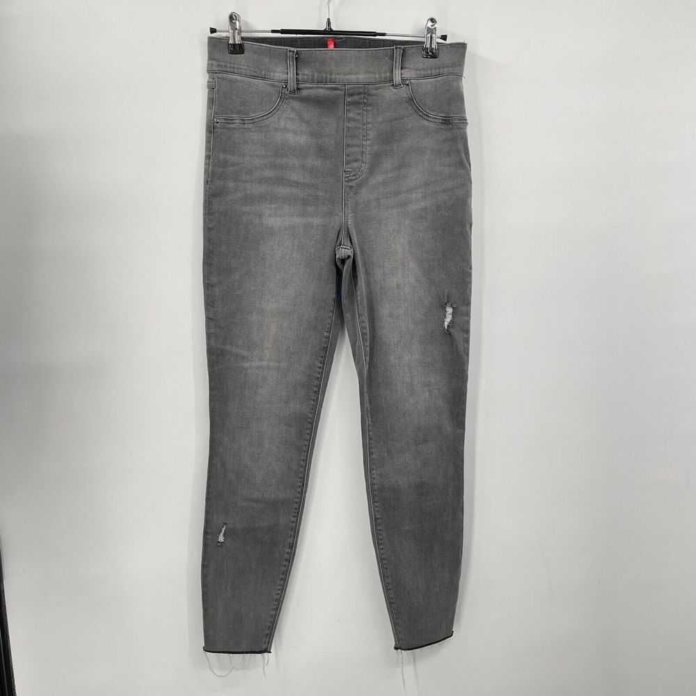Spanx Large‎ Skinny Ankle Jeans Womens Gray Distressed Raw Hem Pull On Leggings
